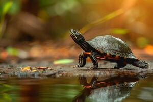 A turtle is walking across the water photo