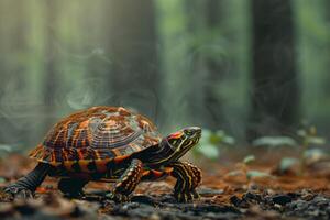 A red eared slider turtle walking through the forest photo