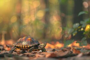 A turtle walking through the leaves in the forest photo