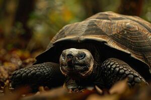 A large tortoise walking through the woods photo