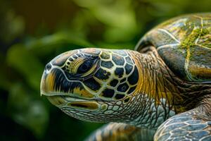 A close up of a green sea turtle with a green background photo