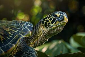 A turtle is sitting on a leafy branch photo