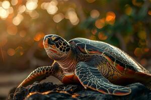 A turtle is sitting on a rock in the sun photo