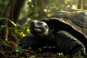 A large tortoise walking through the woods photo