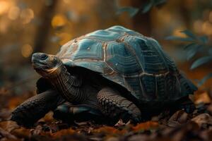 A turtle is walking through the woods photo