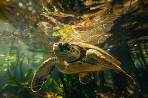 A turtle swimming in the water with sunlight shining on it photo