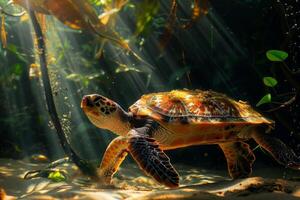 A turtle is walking through the water with sunlight shining through the water photo