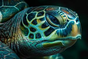 A close up of a green turtle with blue eyes photo