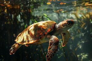 A turtle swimming in the water with algae photo