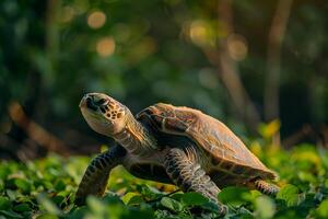 A turtle is walking through the grass in the sun photo