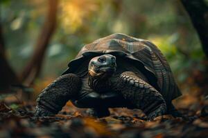 A large tortoise walking through the woods photo