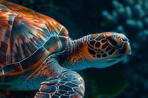 A turtle is swimming in the ocean with coral photo