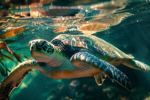 A turtle swimming in the ocean with algae photo