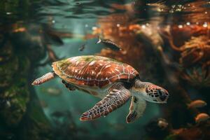 Sea turtle swimming in the ocean with fish and coral photo