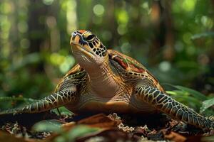 A turtle is sitting on the ground in the forest photo
