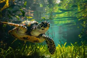 A turtle swimming in the water with plants and grass photo