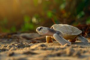 A baby sea turtle is walking on the sand photo