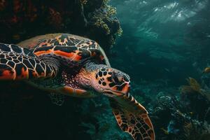 A green sea turtle swimming in the ocean photo