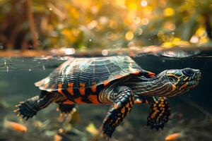 A turtle swimming in the water with sunlight shining on it photo