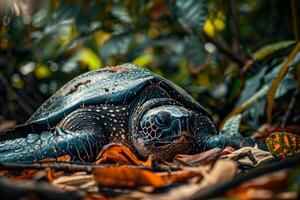 A large turtle is sitting on the ground photo