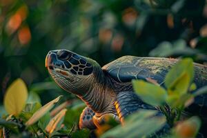 A turtle is sitting in the grass with green leaves photo