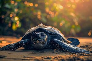 A turtle laying on the sand at sunset photo