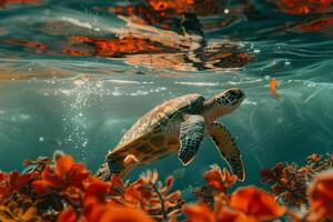Sea turtle swimming in the ocean with red flowers photo