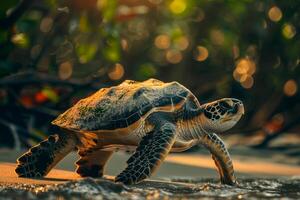 A turtle walking on the beach in front of trees photo