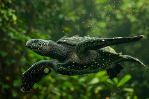 A turtle swimming in the water with leaves and water photo