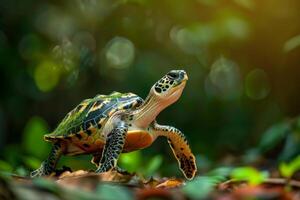 A turtle is walking on the ground in the forest photo