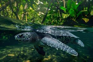 A turtle swimming in the water with trees and plants photo