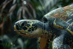 A turtle with a large head and a green body photo