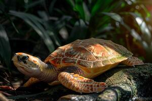 A turtle is sitting on a log in the water photo