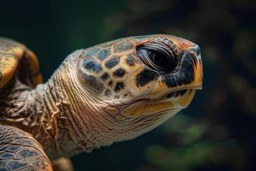 A close up of a turtle's face with a dark background photo