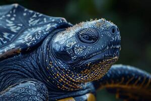 A close up of a turtle with black and yellow markings photo