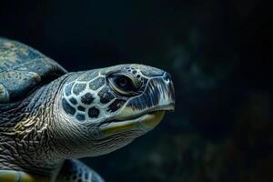 A close up of a turtle with dark background photo