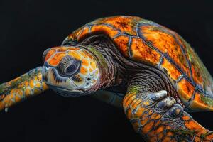 A close up of a turtle with orange and black markings photo