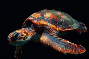 A turtle swimming in the dark with its head up photo