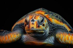 A close up of a turtle with its head turned to the side photo