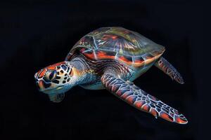 A green sea turtle swimming in the dark photo