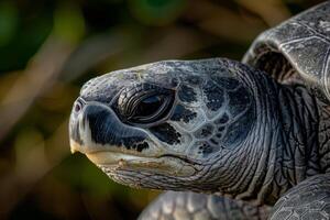 A close up of a turtle with a blurry background photo