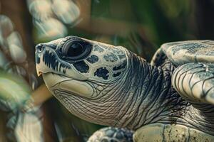 A close up of a turtle with a blurry background photo