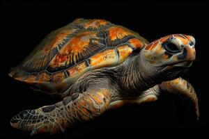 A turtle is shown in a black background photo