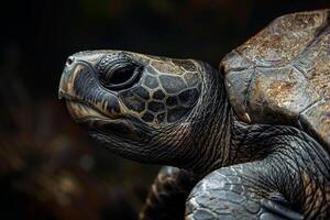A close up of a turtle with a dark background photo