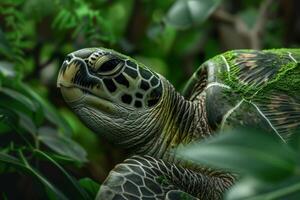 A turtle is sitting in the grass surrounded by plants photo