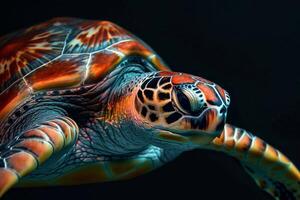 A close up of a green turtle with a black background photo