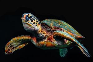 A green turtle swimming in the dark photo