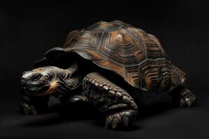 A large tortoise is shown in the dark photo