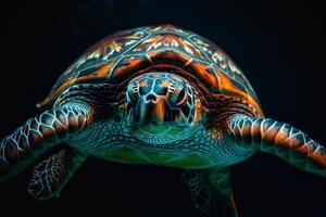 A turtle swimming in the dark with a black background photo