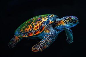 A turtle with bright colors swimming in the dark photo